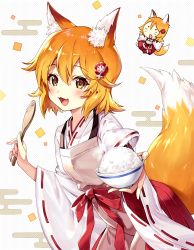 Rule 34 | 1girl, animal ear fluff, animal ears, blonde hair, blush, commentary request, fang, flower, fox ears, fox tail, hair between eyes, hair flower, hair ornament, highres, japanese clothes, looking at viewer, miko, open mouth, ribbon trim, senko (sewayaki kitsune no senko-san), sewayaki kitsune no senko-san, smile, solo, tail, tatejima uri