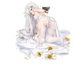 Rule 34 | 1girl, all fours, arm support, bare shoulders, blush, breasts, bridal veil, damaged, douya (233), dress, flower, from behind, full body, girls&#039; frontline, gun, hair between eyes, hair flower, hair ornament, handgun, long hair, looking back, makarov (a certain unscientific sunflower) (girls&#039; frontline), makarov (girls&#039; frontline), medium breasts, no shoes, official alternate costume, official art, pantyhose, petals, red eyes, solo, sunflower, torn clothes, torn dress, torn pantyhose, transparent background, trigger discipline, veil, very long hair, weapon, white dress, white hair, white pantyhose