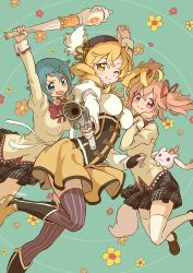 Rule 34 | 3girls, ;), absurdres, beret, blonde hair, blue eyes, blue hair, breasts, detached sleeves, drill hair, full body, gun, hair ribbon, hat, highres, holding, holding gun, holding weapon, kaname madoka, kyubey, looking at viewer, mahou shoujo madoka magica, mahou shoujo madoka magica (anime), medium breasts, miki sayaka, mitakihara school uniform, multiple girls, one eye closed, open mouth, pink hair, pleated skirt, poigori, red ribbon, ribbon, school uniform, short twintails, skirt, smile, striped clothes, striped thighhighs, thighhighs, tomoe mami, twin drills, twintails, weapon, white thighhighs, yellow skirt