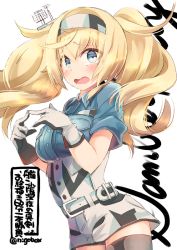 Rule 34 | 1girl, blonde hair, blue eyes, blue shirt, breast pocket, breasts, character name, collared shirt, fingers together, gambier bay (kancolle), gloves, hair between eyes, hair ornament, hairband, index fingers together, kantai collection, large breasts, long hair, looking at viewer, multicolored clothes, multicolored gloves, n:go, open mouth, pocket, shirt, short sleeves, shorts, solo, thighhighs, twintails, twitter username, white background