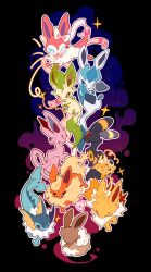 Rule 34 | 15355451wer, animal focus, black background, blue eyes, closed eyes, creatures (company), curled up, eevee, espeon, evolutionary line, fins, flareon, full body, game freak, gen 1 pokemon, gen 2 pokemon, gen 4 pokemon, gen 6 pokemon, glaceon, group picture, head fins, jolteon, leaf, leafeon, nintendo, no humans, one eye closed, open mouth, outline, pokemon, pokemon (creature), red eyes, simple background, sitting, sparkle, sylveon, tail, umbreon, vaporeon, white outline