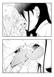 Rule 34 | 2girls, blush, close-up, commentary request, ear piercing, closed eyes, face-to-face, finger in another&#039;s mouth, french kiss, greyscale, heavy breathing, highres, kiss, monochrome, multiple girls, open mouth, original, piercing, teeth, tongue, tongue out, upper teeth only, yui 7, yuri