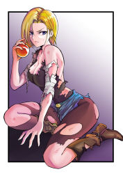 Rule 34 | android 18, blonde hair, blue eyes, boots, breasts, cleavage, dragon ball, dragon ball (object), highres, pants, shirt, tagme, torn clothes, torn pants, torn shirt