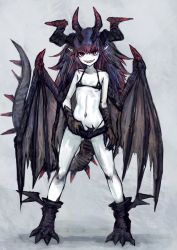 Rule 34 | 1girl, absurdres, blue hair, breasts, collarbone, dragon girl, dragon horns, dragon tail, dragon wings, highres, horns, multicolored hair, navel, original, parted lips, pointy ears, red eyes, red hair, sabamiso taro, sharp teeth, small breasts, smile, solo, standing, tail, teeth, wings