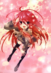 Rule 34 | 00s, 1girl, alastor (shakugan no shana), black thighhighs, highres, ito noizi, jewelry, long hair, non-web source, pendant, petals, pink background, pink theme, red eyes, red hair, scan, school uniform, shakugan no shana, shana, solo, thighhighs, third-party edit