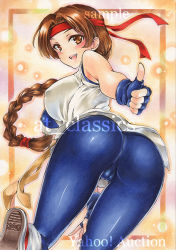 Rule 34 | 1girl, :d, artist name, ass, at classics, blue gloves, blue pants, blush, braid, braided ponytail, breasts, brown eyes, brown hair, cameltoe, covered erect nipples, fingerless gloves, from behind, gloves, hand on own thigh, headband, large breasts, long hair, looking at viewer, looking back, open mouth, pants, sample watermark, shoes, single braid, smile, sneakers, solo, the king of fighters, thumbs up, traditional media, water, watermark, yuri sakazaki