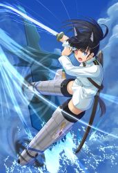 Rule 34 | 1girl, aircraft, airplane, black hair, blue sky, brown eyes, cloud, commentary request, eyepatch, highres, holding eyepatch, jacket, katana, long hair, military, military uniform, no pants, open mouth, origami yakko, ponytail, sakamoto mio, sky, solo, strike witches, striker unit, sword, uniform, weapon, white jacket, world witches series