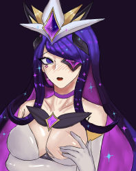 Rule 34 | alternate costume, alternate hair color, alternate hairstyle, blush, grabbing another&#039;s breast, breasts, breasts out, chihel, choker, collarbone, elbow gloves, empty eyes, eyepatch, forehead protector, gloves, grabbing, highres, large breasts, league of legends, long hair, open mouth, purple eyes, purple hair, star guardian (league of legends), star guardian syndra, syndra, white gloves