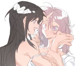 Rule 34 | 2girls, bare shoulders, blush, brown hair, closed mouth, commentary, dress, eye contact, fang, hand on another&#039;s face, hand on another&#039;s head, hand on another&#039;s wrist, hands up, highres, long hair, looking at another, molu stranger, multiple girls, nijisanji, open mouth, pink eyes, pink hair, shirayuki tomoe, simple background, smile, strap slip, sukoya kana, twintails, upper body, virtual youtuber, white background, white dress, yuri