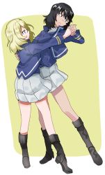 Rule 34 | andou (girls und panzer), bc freedom military uniform, blonde hair, blue eyes, blue jacket, blue vest, boots, border, brown eyes, dancing, dark skin, girls und panzer, green background, high collar, holding hands, jacket, long sleeves, looking at another, looking to the side, medium hair, messy hair, oono imo, oshida (girls und panzer), pleated skirt, simple background, skirt, thighs, vest, white border, white skirt