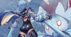 Rule 34 | 1girl, ass, back, backless leotard, bound, bound legs, bound wrists, cape, defeat, eula (genshin impact), genshin impact, gloves, hair ornament, leotard, long sleeves, monster, outdoors, restrained, sky, snow, standing, tentacles, thighhighs, tree, vambraces, whopperflower (genshin impact), yan (situyan0303)