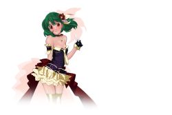 Rule 34 | 1girl, arm behind back, arm garter, bare shoulders, beads, belt, blush, braid, breasts, cleavage, collar, crown, crown braid, dress, ebata risa, floating hair, frills, gloves, green hair, hair ribbon, head tilt, holding, jewelry, lace, lace-trimmed dress, lace trim, light smile, looking at viewer, macross, macross frontier, macross frontier: sayonara no tsubasa, necklace, necktie, official art, promotional art, ranka lee, red eyes, ribbon, short dress, short hair, small breasts, smile, solo, standing, strapless, strapless dress, thigh gap, thighhighs, transparent background, yellow thighhighs, zettai ryouiki