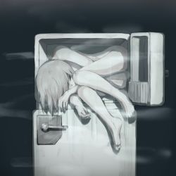 Rule 34 | androgynous, avogado6, commentary, dark background, gender request, in container, in refrigerator, muted color, nude, original, pale skin, refrigerator, short hair, sleeping, solo, tagme