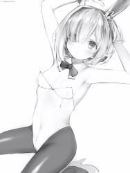Rule 34 | 1girl, absurdres, amane kanata, animal ears, arm up, armpits, bare arms, bare shoulders, blunt bangs, blush, bow, bowtie, breasts, crotch seam, detached collar, greyscale, hair over one eye, hand in own hair, high heels, highres, hololive, leotard, looking at viewer, monochrome, nanashi (nlo), pantyhose, playboy bunny, rabbit ears, shoes, short hair, simple background, small breasts, solo, strapless, strapless leotard, virtual youtuber