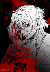 Rule 34 | 1boy, antonio salieri (fate), antonio salieri (second ascension) (fate), arm up, blood, blood on clothes, blood on face, blood on hands, fate/grand order, fate (series), gloves, long sleeves, looking at viewer, male focus, meiji ken, monochrome, red eyes, short hair, smile, smirk, solo, teeth, upper body
