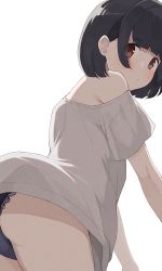 Rule 34 | 1girl, arm support, ass, black hair, black panties, bob cut, expressionless, highres, hiroki (yyqw7151), lingerie, looking at viewer, looking back, original, panties, shirt, short hair, short sleeves, simple background, single bare shoulder, solo, thighs, underwear, white background, white shirt
