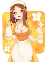 Rule 34 | 1girl, apron, blush, breasts, cleavage, collarbone, cup, dress, highres, hinawa, holding, holding cup, holding teapot, large breasts, long hair, looking at viewer, mature female, mother (game), mother 3, nintendo, orange dress, orange eyes, shifumame, solo, steam, teapot, waist apron, white headwear