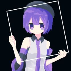 Rule 34 | 1girl, abj3 0, bare shoulders, black background, black beret, black hat, black skirt, breasts, closed mouth, collared shirt, detached sleeves, grey shirt, hashtag-only commentary, hat, highres, holding, holding frame, jitome, looking at viewer, necktie, pixel art, purple eyes, purple hair, purple necktie, shirt, short hair, simple background, skirt, sleeveless, sleeveless shirt, small breasts, solo, upper body, utane uta, utau