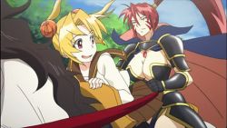 Rule 34 | 10s, 2girls, animated, animated gif, armor, blonde hair, bouncing breasts, breasts, hide yoshino, horse, huge breasts, lowres, multiple girls, oda nobunaga (sengoku otome), ponytail, red hair, sengoku otome, twintails