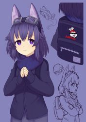 Rule 34 | 1girl, :3, absurdres, aircraft, airplane, animal ears, backpack, bag, bar censor, cat ears, censored, closed mouth, goggles, goggles on head, highres, jacy, jollibee, jollibee (mascot), long sleeves, looking at viewer, original, own hands together, purple background, purple eyes, purple hair, scarf, short hair, simple background, sleeves past wrists, smile, solo, sweater