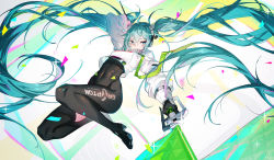 Rule 34 | 1girl, arm up, asymmetrical bodysuit, black bodysuit, black footwear, black gloves, blue eyes, blue hair, bodysuit, boots, breasts, closed mouth, commentary request, confetti, covered navel, floating hair, full body, gloves, goodsmile racing, has bad revision, hatsune miku, high heel boots, high heels, highres, holding, jacket, long hair, long sleeves, medium breasts, puffy long sleeves, puffy sleeves, qys3, racing miku, racing miku (2022), single thigh boot, smile, solo, thigh boots, twintails, very long hair, vocaloid, white jacket