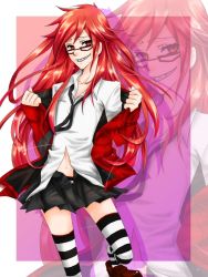 Rule 34 | 00s, 1boy, crossdressing, glasses, grell sutcliff, kuroshitsuji, long hair, necktie, red eyes, red hair, skirt, solo, striped clothes, striped thighhighs, thighhighs, trap