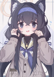 Rule 34 | 1girl, animal ears, black eyes, black hair, blue archive, blue hairband, blue neckerchief, cardigan, cat ears, commentary, grey cardigan, hair between eyes, hairband, halo, highres, jewelry, long hair, long sleeves, looking at viewer, nalphanne, neckerchief, necklace, open mouth, sailor collar, school uniform, serafuku, smile, solo, ui (blue archive), white sailor collar