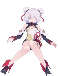 Rule 34 | 1girl, absurdres, bare shoulders, black shorts, black sleeves, blue eyes, chinese clothes, closed mouth, double bun, full body, gen (bividgen), hair bun, half-closed eyes, highres, honkai (series), honkai impact 3rd, looking at viewer, one eye closed, shorts, simple background, sleeveless, smile, solo, theresa apocalypse, theresa apocalypse (valkyrie pledge), white background, white hair