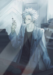 Rule 34 | 1boy, absurdres, black shirt, blood, blue eyes, closed mouth, glasses, highres, holding, holding syringe, indoors, kanou aogu, lab coat, long sleeves, male focus, open clothes, qing bie gou jiao, saibou shinkyoku, semi-rimless eyewear, shirt, short hair, solo, syringe, upper body, white hair