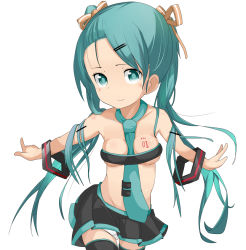 Rule 34 | 00s, 1girl, alternate hairstyle, aqua eyes, aqua hair, asymmetrical bangs, bad id, bad pixiv id, bangs up, bare shoulders, between breasts, black thighhighs, breasts, cleavage, forehead, hair ornament, hair ribbon, hairclip, hatsune miku, light smile, long hair, looking at viewer, midriff, necktie, necktie between breasts, outstretched arms, panties, pantyshot, pleated skirt, ribbon, simple background, skirt, small breasts, solo, spread arms, standing, strapless, tamakorogashi, tattoo, thighhighs, tube top, twintails, underwear, upskirt, vocaloid, white background, white panties