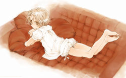 Rule 34 | 1girl, barefoot, blonde hair, bloomers, brown eyes, brown upholstery, copyright request, couch, feet, full body, highres, legs, long legs, lying, on stomach, ooyari ashito, pillow, pinup (style), quilted, shirt, soles, solo, thighs, toes, underwear, wallpaper, white shirt