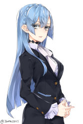 Rule 34 | 1girl, blue eyes, blue hair, collar, commentary request, eyes visible through hair, highres, jun project, kiznaiver, long hair, looking at viewer, own hands clasped, own hands together, signature, simple background, solo, sonozaki noriko, uniform, white background