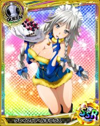 Rule 34 | 1girl, bell, blue bow, blue gloves, bow, braid, breasts, card (medium), chess piece, christmas, cleavage, dress, elbow gloves, female focus, food, fruit, fur-trimmed dress, fur trim, gloves, grayfia lucifuge, grey eyes, grey hair, hair bow, high school dxd, highres, holding, holding tray, jewelry, large breasts, lipstick, long hair, looking at viewer, maid headdress, makeup, matching hair/eyes, mature female, necklace, official art, queen (chess), smile, torn clothes, torn dress, torn gloves, tray, twin braids, underboob