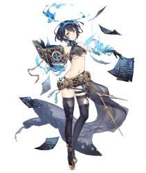 Rule 34 | 1girl, alice (sinoalice), belt, belt skirt, black hair, book, boots, breasts, brown eyes, full body, hair ribbon, halterneck, jino, looking at viewer, navel, official art, pages, revealing clothes, ribbon, short hair, sinoalice, skindentation, solo, tattoo, thigh boots, thighhighs, torn clothes, torn thighhighs, transparent background, underboob