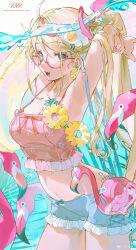 Rule 34 | 1girl, absurdres, ahoge, arm up, armpits, bag, bird, blonde hair, blue shorts, breasts, cleavage, cowboy shot, crop top, earrings, fang, fingernails, flamingo, food-themed earrings, food-themed hair ornament, food themed earrings, glasses, green eyes, hair between eyes, hair ornament, highres, jewelry, large breasts, long hair, looking at viewer, navel, open mouth, original, pineapple earrings, pink bag, short shorts, shorts, sidelocks, smile, solo, stomach, teardrop-framed glasses, z3zz4