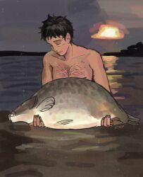 Rule 34 | 1boy, animal, black hair, chest hair, closed eyes, closed mouth, commentary, english commentary, fish, highres, holding, holding animal, holding fish, kyokyeo, male focus, mob psycho 100, outdoors, partially submerged, serizawa katsuya, short hair, smile, solo, sun, topless male, upper body, water