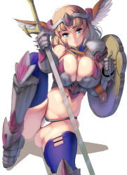 Rule 34 | 1girl, armor, armored boots, bandaid, bandaid on face, bikini armor, blade grab, blonde hair, blue eyes, blue thighhighs, boots, breasts, cleavage, crop top, gauntlets, head wings, highres, holding, holding sword, holding weapon, invisible chair, knee up, kouno (masao), large breasts, looking at viewer, medium hair, original, pauldrons, revision, shield, shoulder armor, simple background, single pauldron, sitting, solo, sword, thighhighs, thighs, thong, tiara, weapon, wings