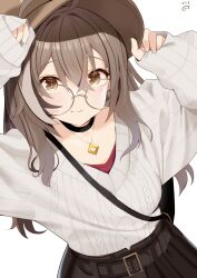 Rule 34 | 1girl, ahoge, belt, berry, black choker, blush, brown eyes, brown hair, brown skirt, choker, crossed bangs, earrings, fingernails, food-themed earrings, glasses, greyscale, highres, hololive, hololive english, jewelry, long hair, looking at viewer, monochrome, multicolored hair, nail polish, nanashi mumei, nanashi mumei (casual), necklace, nejime, official alternate costume, oversized clothes, pleated skirt, red shirt, round eyewear, runes, shirt, skirt, sleeves past wrists, smile, solo, streaked hair, sweater, very long hair, virtual youtuber, white sweater