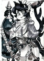 Rule 34 | 1girl, 1other, alex ahad, breasts, cleavage, cleavage cutout, clothing cutout, commentary, commission, cosplay, english commentary, extra mouth, fate/grand order, fate (series), filia (skullgirls), gourd, greyscale, highres, large breasts, living hair, minamoto no raikou (fate), minamoto no raikou (fate) (cosplay), monochrome, prehensile hair, samson (skullgirls), shuten douji (fate), shuten douji (fate) (cosplay), sideboob, skullgirls, solo focus