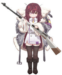 Rule 34 | 1girl, aged down, bandages, belt, black footwear, black thighhighs, boots, brown hair, closed mouth, coat, collared dress, commentary, dress, fur-trimmed coat, fur trim, greentree, grey belt, grey coat, gun, hair between eyes, heterochromia, highres, holding, holding gun, holding weapon, last origin, long hair, looking at viewer, necktie, oversized clothes, pink eyes, red eyes, side slit, sleeves past wrists, solo, standing, thighhighs, valkyrie (last origin), very long hair, weapon, white background, white dress
