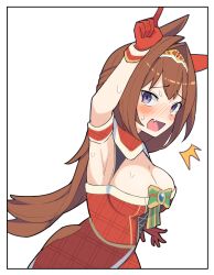 Rule 34 | 1girl, ^^^, armpits, black border, blush, border, bow, breasts, brown hair, cleavage, commission, daiwa scarlet (scarlet nuit etoile) (umamusume), daiwa scarlet (umamusume), dated commentary, dress, ear covers, embarrassed, fang, gloves, green bow, hair intakes, highres, horse girl, index finger raised, kyutai x, long hair, medium breasts, multicolored bow, nose blush, official alternate costume, official alternate hairstyle, pixiv commission, purple eyes, red dress, red gloves, santa dress, single ear cover, skin fang, sleeveless, sleeveless dress, solo, striped, striped bow, tiara, umamusume, white background