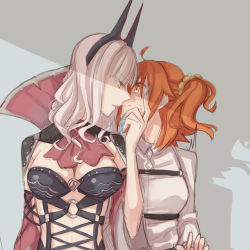 Rule 34 | 2girls, blue nails, blush, breasts, carmilla (fate), claws, cleavage, closed mouth, couple, ascot, cross-laced clothes, curly hair, eye contact, fate/grand order, fate (series), female focus, fingernails, fujimaru ritsuka (female), grey background, hair ornament, hair scrunchie, half-closed eyes, hand on another&#039;s face, hollomaru, horns, imminent kiss, large breasts, long hair, long sleeves, looking at another, medium breasts, multiple girls, nail polish, neck, open mouth, orange eyes, orange hair, parted lips, revealing clothes, scrunchie, shade, shadow, short hair, shy, side-by-side, side ponytail, silver hair, simple background, surprised, type-moon, uniform, upper body, wavy mouth, yellow eyes, yellow scrunchie, yuri