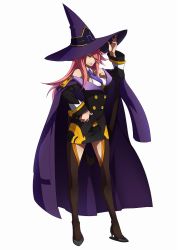 Rule 34 | 1girl, arc system works, bare shoulders, blazblue, blazblue: chronophantasma, blazblue phase 0, boots, breasts, cloak, full body, hair over one eye, hand on own hip, hat, high heels, konoe a. mercury, large breasts, long hair, necktie, official art, pink hair, pixel art, shoes, skirt, solo, thigh boots, thighhighs, white background, witch hat, yellow eyes