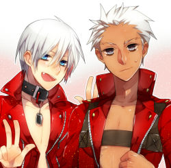 Rule 34 | 10s, 2boys, archer (fate), blue eyes, capcom, collar, cosplay, costume switch, crossover, dante (devil may cry), devil may cry, devil may cry (series), devil may cry 3, fang, fate/extra, fate/extra ccc, fate (series), grey eyes, haine (howling), jacket, leather, leather jacket, look-alike, male focus, multiple boys, official alternate costume, open clothes, open jacket, red jacket, sweatdrop, white hair