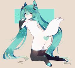 Rule 34 | 1girl, animal ears, aqua eyes, aqua hair, ass, black thighhighs, blush, breasts, brown background, detached sleeves, embarrassed, female focus, fox ears, fox girl, fox tail, fredek666, from behind, full body, furrification, furry, furry female, hair ornament, hand up, hatsune miku, highres, index finger raised, kneeling, long hair, looking back, matching hair/eyes, nose blush, nude, number tattoo, open mouth, paw print, shiny clothes, simple background, small breasts, solo, tail, tattoo, thighhighs, twintails, two-tone background, very long hair, vocaloid