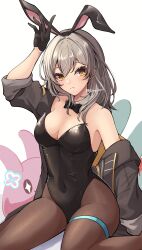 1girl absurdres animal_ears arm_up black_bow black_bowtie black_gloves black_jacket black_leotard bow bowtie breasts brown_pantyhose cleavage detached_collar fake_animal_ears gloves grey_hair groin highres honkai:_star_rail honkai_(series) jacket leotard long_hair long_sleeves looking_at_viewer medium_breasts pantyhose playboy_bunny rabbit_ears reia_hana revision simple_background sitting solo stelle_(honkai:_star_rail) strapless strapless_leotard thigh_strap thighs trailblazer_(honkai:_star_rail) wariza white_background yellow_eyes