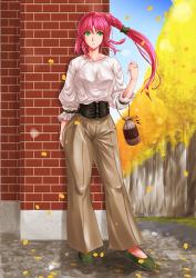 Rule 34 | 1girl, alternate costume, alternate hairstyle, autumn, bag, blouse, braid, braided ponytail, breasts, brick wall, brown pants, casual, closed mouth, collarbone, commentary request, contemporary, corset, eyebrows, female focus, floating hair, full body, green eyes, hair ornament, handbag, highres, hong meiling, large breasts, leaf, long hair, long sleeves, looking at viewer, maho (yakimorokoshi), multiple braids, outdoors, pants, ponytail, red hair, shirt, shoes, side braid, side braids, smile, solo, standing, touhou, white shirt