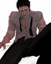 Rule 34 | 1boy, black eyes, black hair, black necktie, black suit, cigarette, closed mouth, collared shirt, fckmanji, feet out of frame, formal, highres, higuruma hiromi, jujutsu kaisen, knee up, long sleeves, looking at viewer, male focus, mature male, necktie, on bed, pants, partially unbuttoned, shirt, short hair, sideburns, sitting, solo, suit, sweat, white shirt