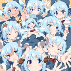 Rule 34 | 6+girls, :&gt;, :3, :d, :t, ?, ahoge, anger vein, blue bow, blue dress, blue eyes, blue hair, blush, blush stickers, book, bow, circled 9, cirno, commentary request, crossed arms, crying, crying with eyes open, do (4-rt), dress, facing viewer, fang, fang out, grin, hair bow, heart, highres, ice, ice wings, large bow, looking at viewer, multiple girls, multiple persona, open mouth, pout, puffy short sleeves, puffy sleeves, reading, shaded face, short hair, short sleeves, smile, spoken heart, symbol-shaped pupils, tan, tanned cirno, tears, teeth, thought bubble, touhou, translated, trembling, v-shaped eyebrows, wings
