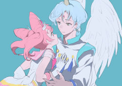 Rule 34 | 1boy, 1girl, back bow, bishoujo senshi sailor moon, bishoujo senshi sailor moon supers, bishounen, blue background, blue hair, bow, chibi usa, closed mouth, commentary request, cone hair bun, copyright request, double bun, earrings, eye contact, facial mark, feathered wings, forehead mark, gloves, grey eyes, hair bun, hands on another&#039;s chest, horns, jacket, jewelry, light smile, long sleeves, looking at another, lowe (slow), pink eyes, pink hair, sailor chibi moon, sailor senshi uniform, simple background, single horn, smile, super sailor chibi moon, white gloves, wings